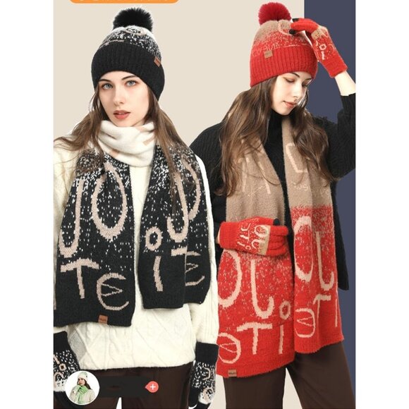 Women's Wine Red Winter Warm Skull Caps Knit Gloves Beanie Neck Scarves 3 Set - Picture 3 of 6